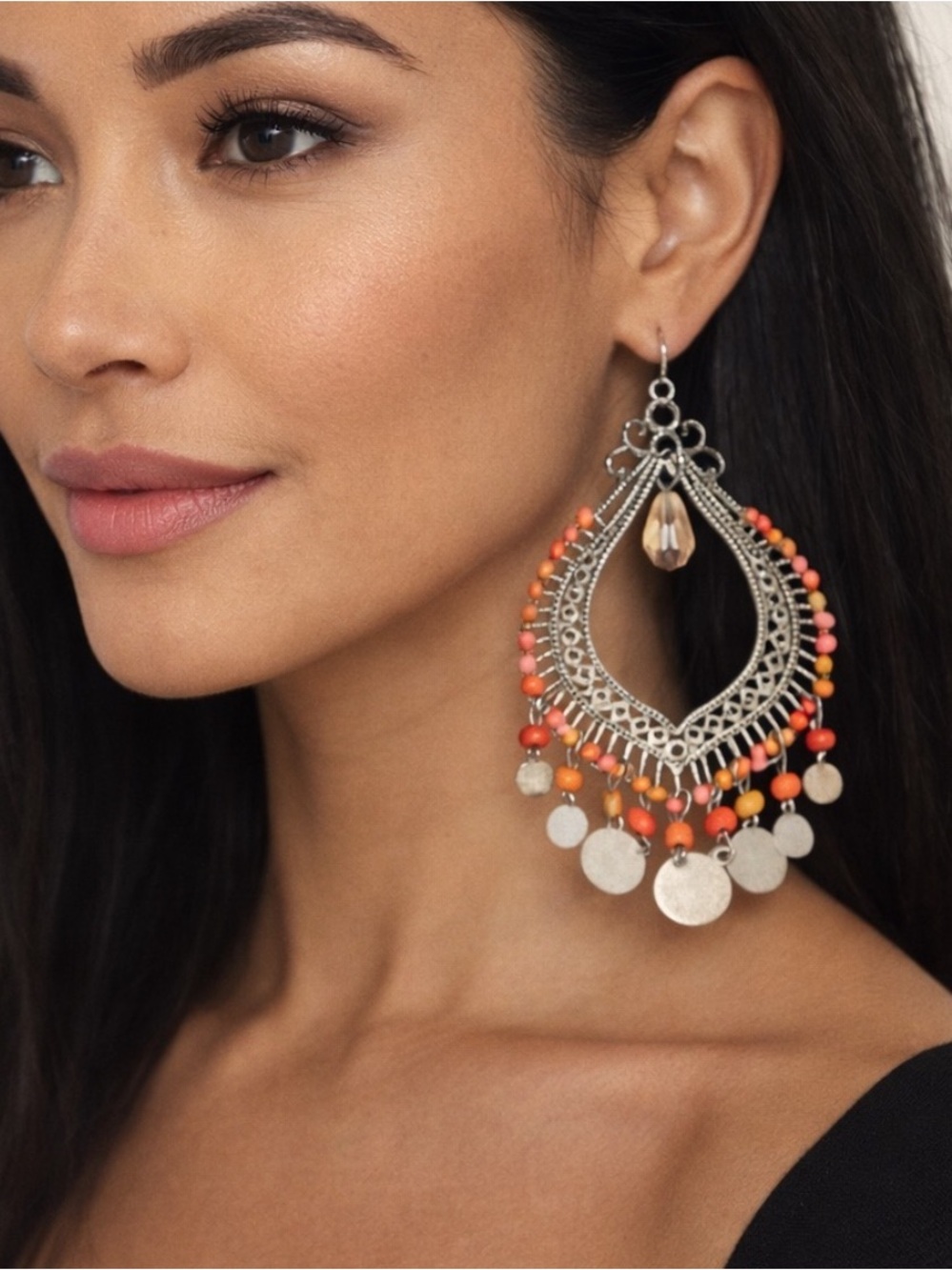 Boho Beaded Chandelier Earrings Statement Earrings Coral Peach And Tan